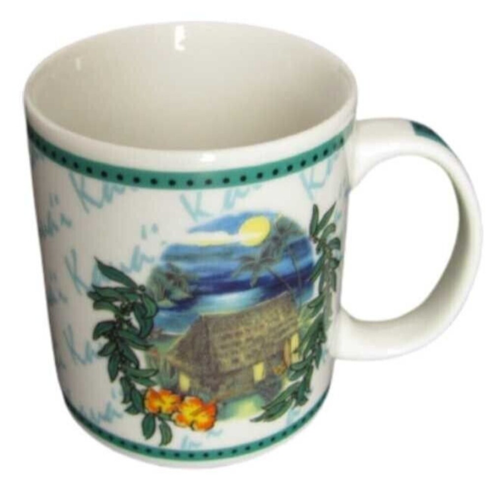 Hilo Hattie Colorful Ceramic Coffee Mug Hawaiian Lei Thatched Hut Island Aloha